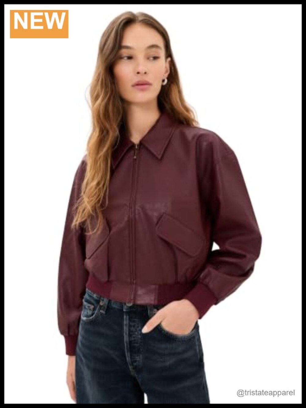 Cropped Faux Leather Bomber Jacket with Flap Pockets
